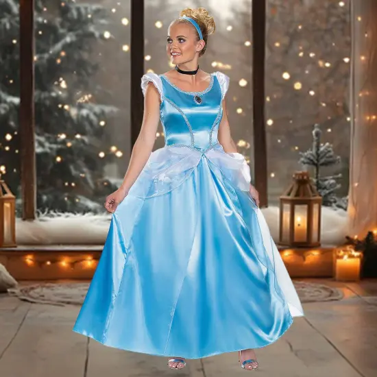 Womens Deluxe Cinderella Costume With Elegant Blue Ball Gown For Parties Medium 8-10 {1}