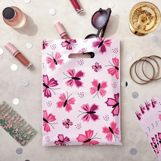 100 Pack 9 x 12 In Small Merchandise Bags with Handles for Boutique, Cute Butterfly Shopping Bags for Retail Business (Pink) {2}