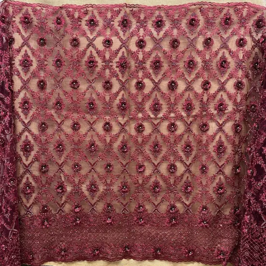 1 Yard Beaded 3D Floral Lace Fabric, Navy Embroidered Mesh, 100% Polyester, 51&rdquo; Wide Dusty Blue {5}