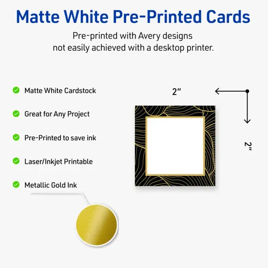 Avery Printable Square Business Cards with Sure Feed Technology, Pre-Printed Black Border with Gold Pattern, Matte White, 2" x 2", Laser & Inkjet Compatible, 120 Total {2}