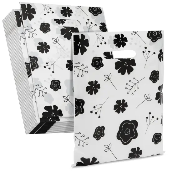 100 Pack 9x12 Small Merchandise Bags for Boutique, Black Flowers Shopping Bags with Handles for Retail {1}