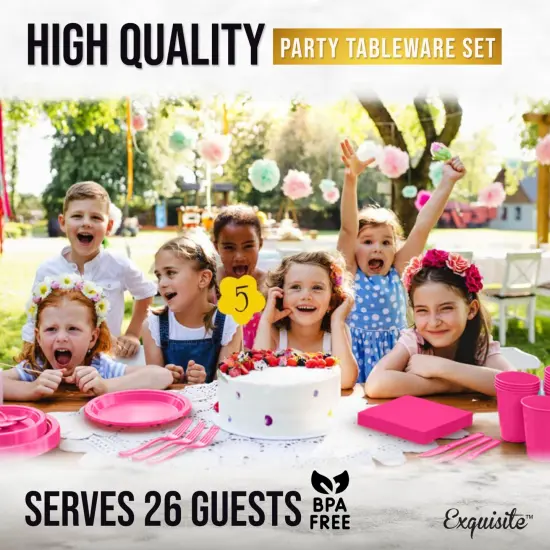 Exquisite 182 Pcs Plastic Plates for Party &ndash; Disposable Plates Set &ndash; 26 Each of 9" Dinner Plates, 7" Dessert Plates, Plastic Cups, Napkins & Plastic Cutlery &ndash; Plastic Dinnerware by Party Solids Hot Pink {6}