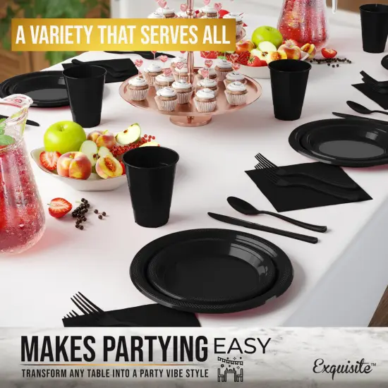 Exquisite 182 Pcs Plastic Plates for Party &ndash; Disposable Plates Set &ndash; 26 Each of 9" Dinner Plates, 7" Dessert Plates, Plastic Cups, Napkins & Plastic Cutlery &ndash; Plastic Dinnerware by Party Solids Black {5}