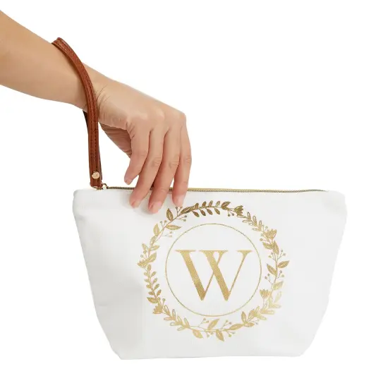 Gold Initial W Personalized Makeup Bag for Women, Monogrammed Canvas Cosmetic Pouch (White, 10 x 3 x 6 In) {3}