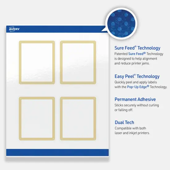 Avery Printable Rectangle Labels, Gold Multi-Lined Border, 4" x 3-1/3", Glossy White Rectangle Labels, Permanent, Laser/Inkjet, 40ct, Great for Product Labels {3}
