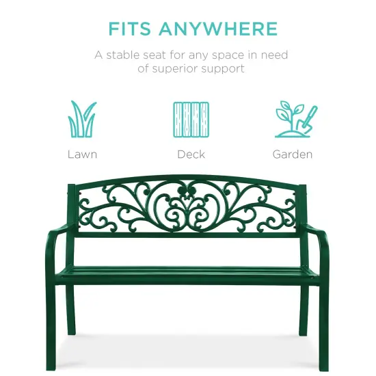 Best Choice Products Outdoor Steel Bench Garden Patio Porch Furniture w/ Floral Design Backrest Dark Green {3}