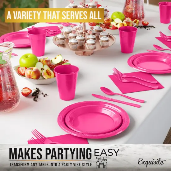 Exquisite 182 Pcs Plastic Plates for Party &ndash; Disposable Plates Set &ndash; 26 Each of 9" Dinner Plates, 7" Dessert Plates, Plastic Cups, Napkins & Plastic Cutlery &ndash; Plastic Dinnerware by Party Solids Hot Pink {5}