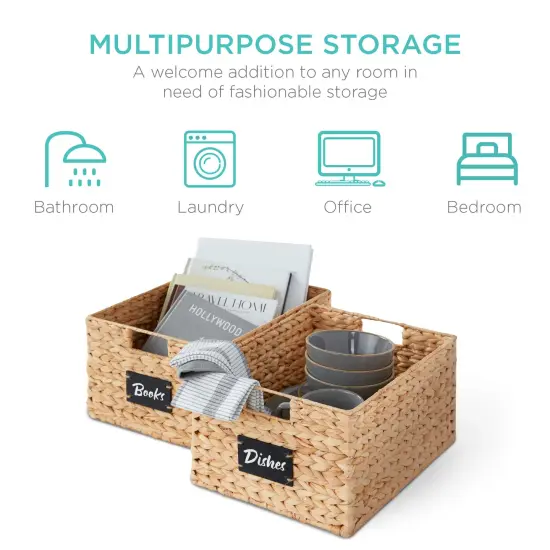 Best Choice Products Set of 2 16in Woven Water Hyacinth Pantry Baskets w/ Chalkboard Label, Chalk Marker Natural {6}