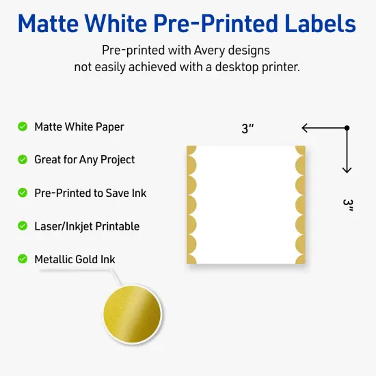 Avery Printable Square Labels, Gold Edge Dots, 3" x 3", Matte White Square Labels, Permanent, Laser/Inkjet, 60ct, Great for Product Labels {2}