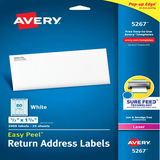 Avery Easy Peel Return Address Labels, Sure Feed Technology, Permanent Adhesive, 1/2" x 1-3/4", 2,000 Labels (5267) {1}