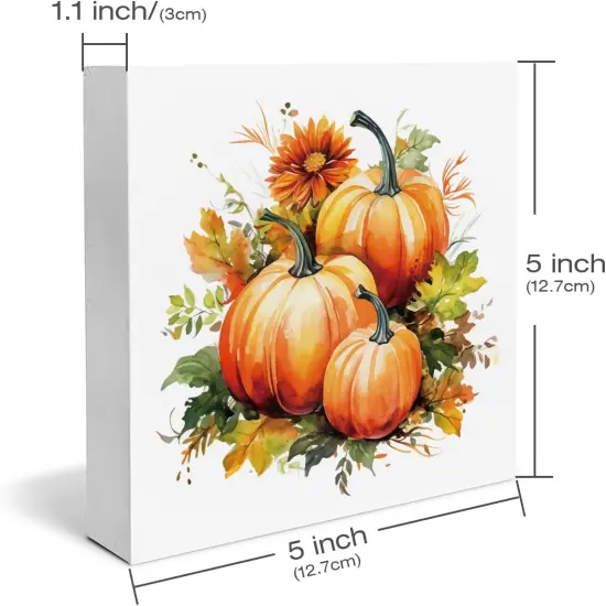Fall Decor Farmhouse Pumpkins Wooden Box Sign Tabletop Decor 5 x 5 Inches {2}