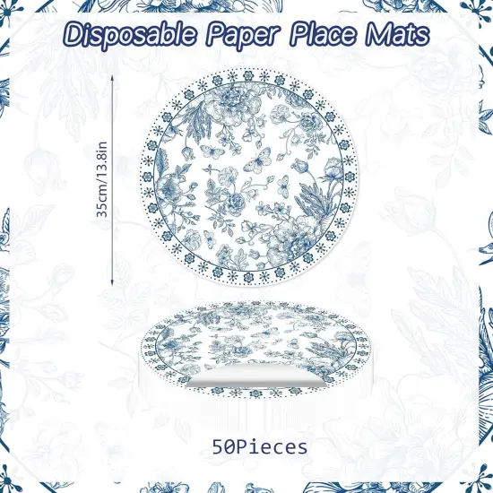 Paper Placemats Disposable 50 Pack Blue Floral Place Mats 13.7 Inch Chinoiserie Round Table Mats for Dinner Table Setting Birthday Wedding Party Supplies (Chinoiserie) {2}