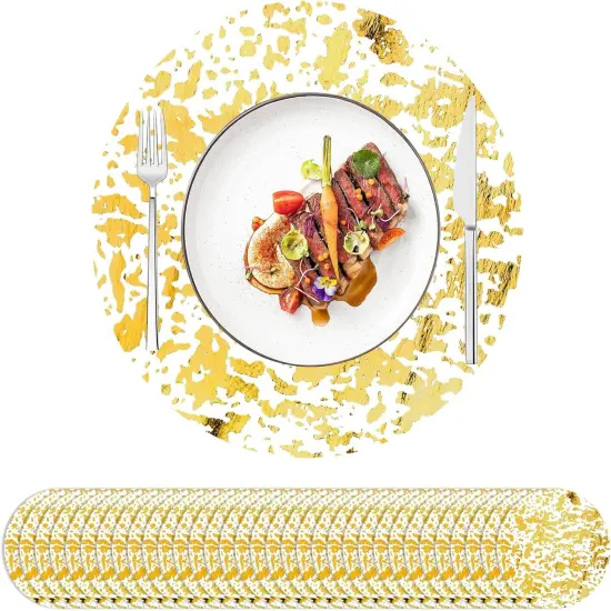 100 Pcs Disposable Gold Foil Placemats 13 Inch Round Place Mats Gold Table Mates Decorative Mesh Paper Table Doilies Metallic Thin Table Runner {1}