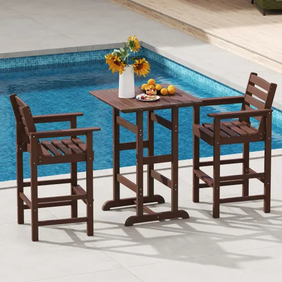 Set of 2 Patio HDPE Adirondack Bar Chairs with Wide Armrests and Inclined Backrest Perfect for Outdoor Use Brown {2}