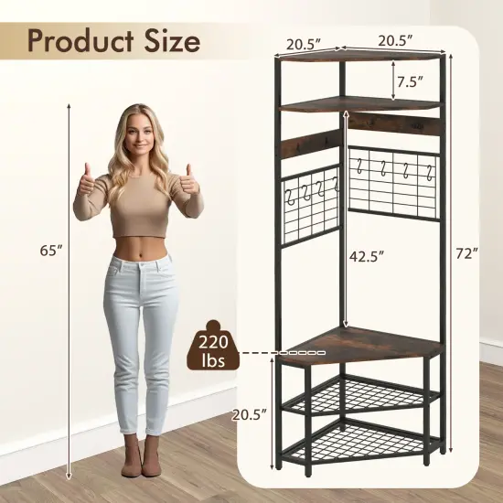 5-Tier Corner Hall Tree with Shoe Storage Bench Rustic Brown {5}