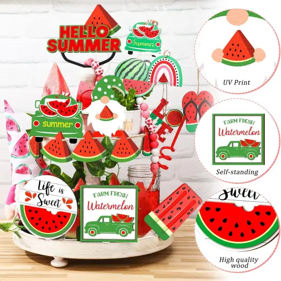 11 Pieces Summer Hawaii Tabletop Decor Set Summer Wood Sign Beach Sunshine Tiered Tray Decorations for Beach Home Table Shelf(Watermelon Style) {3}