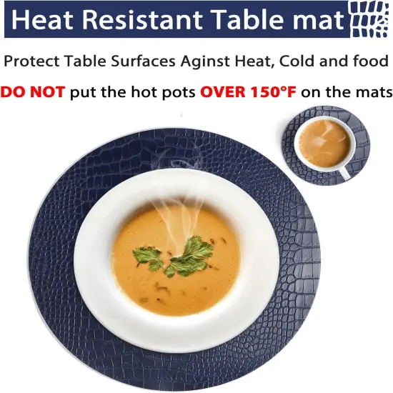 Round Leather Placemats for Round Tables Set of 4, Blue Table Place Mats and Coasters {4}