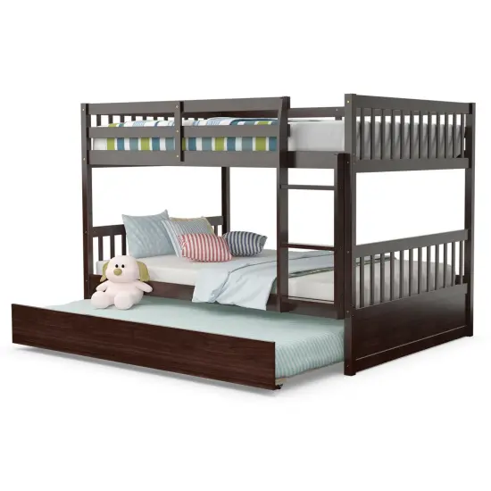 Wooden Full over Full Bunk Platform Wood Bed with Ladder and Trundle Perfect for Dorms Room Brown {4}