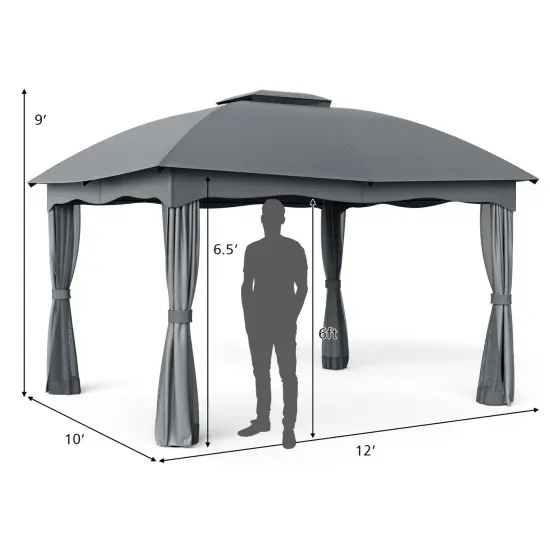 Polyester and Steel Gazebo with Mesh Walls, Curtains and Double Roof Grey {5}