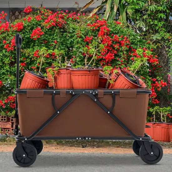Metal Folding Utility Wagon Cart with Adjustable Handle and Wheels Coffee {3}