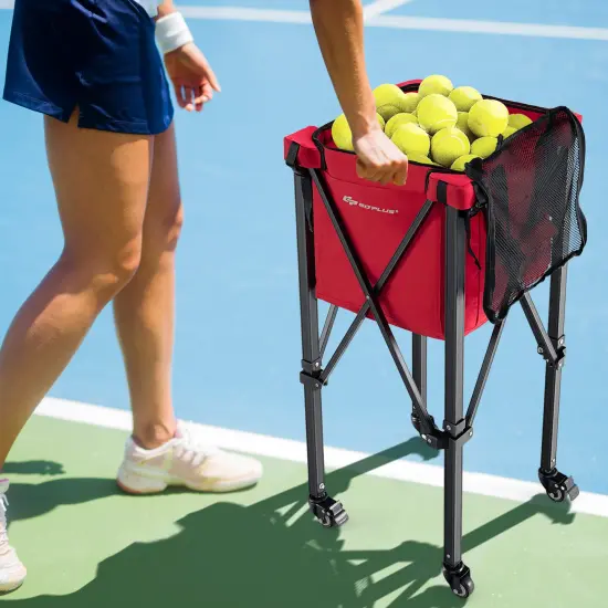 Foldable Lightweight Tennis Ball Teaching Cart with Removable Bag and Lockable Wheels Red {3}