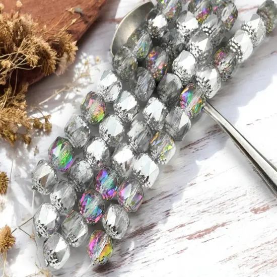 *12* 10mm Silver Washed Crystal AB Fire Polished Cathedral Beads {3}