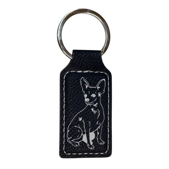 Keychain - Rectangle - Chihuahua Dog - Leather Rawhide/Black {4}