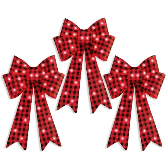 Best Choice Products Set of 3 Pre-Lit Christmas Bows, Indoor/Outdoor LED Holiday Décor w/ 8 Light Functions Plaid {1}