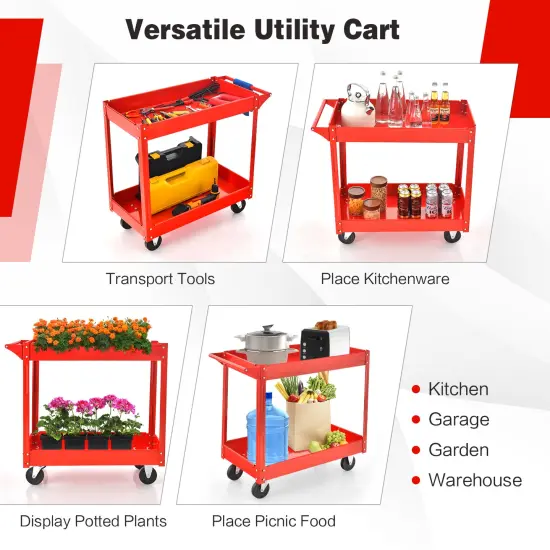 Red 2-Tier Metal Service Cart with Handle and Wheels Perfect for Home and Workshop {4}