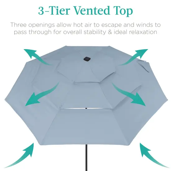 Best Choice Products 10ft 3-Tier Solar Patio Umbrella w/ 24 LED Lights, Tilt Adjustment, Easy Crank Breeze Blue {2}