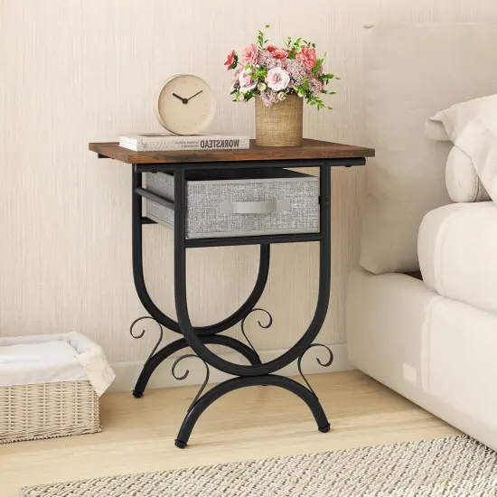 Costway 1/2 PCS Side Table with Fabric Drawer Carved Metal Frame Industrial End Table Nightstand {5}
