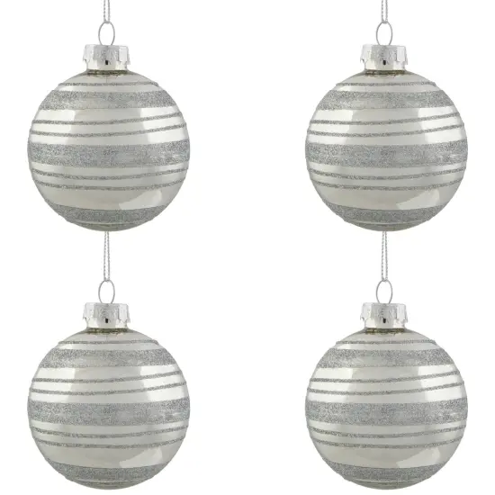 Northlight Glitter Stripes Christmas Shiny Glass Ball Ornaments - 2.5" (67mm) - Silver - 4ct {3}