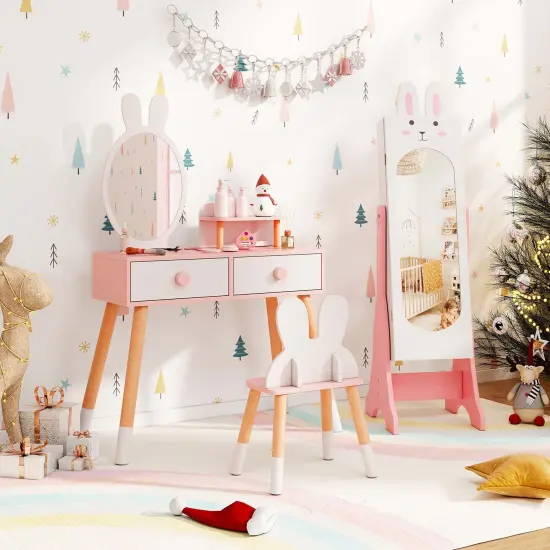 Costway Kids Vanity Set Princess Makeup Dressing Table and Chair Set with Jewelry Armoire White/Pink {9}