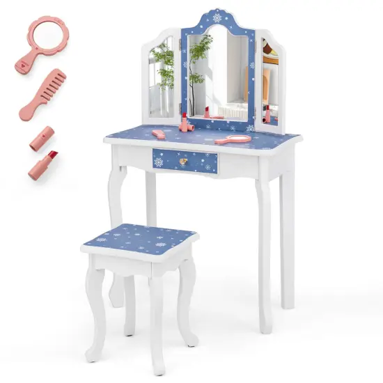 Costway Kids Vanity Table & Stool Set with Cute Polka Dot Print Tri-folding Mirror Drawer Pink&White/Light Pink&White/Pink&Black/Blue/Pink {2}
