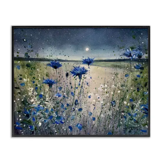 Stupell Industries Blooming Blue Flowers Night Moon Framed Giclee Art Gray Frame {7}