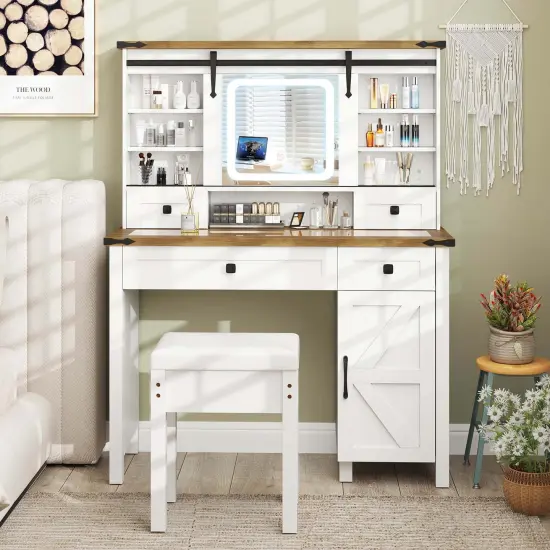 Costway Farmhouse Vanity Desk with Sliding Mirror Makeup Vanity Table with 3 Lighting Modes {2}