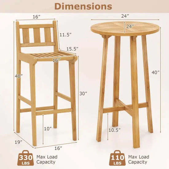 Costway 3 PCS Patio Bar Set Round Cocktail Table with 2 Armless Bar Height Stools {3}