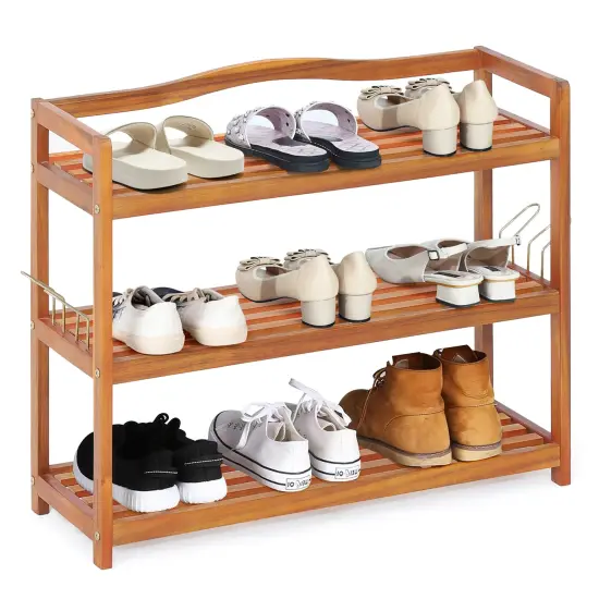 Costway 3-TierWood Shoe Rack Solid Acacia Wood Shoe Shelf with Side Metal Hooks {5}