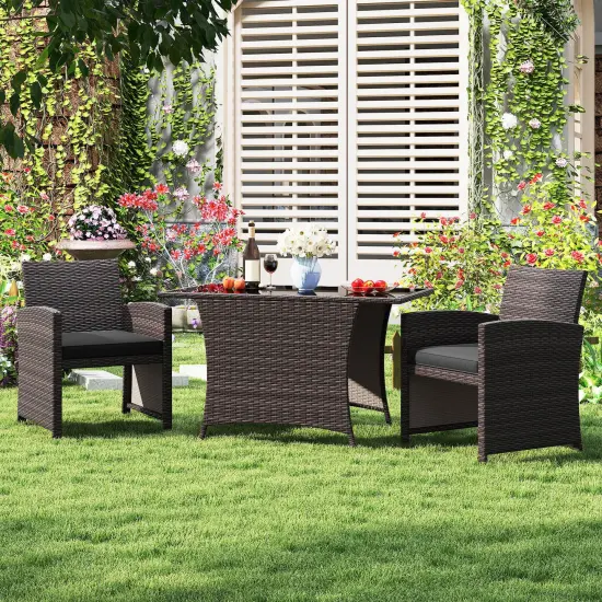 Costway 3 PCS Wicker Bistro Set Balcony Furniture Set with Tempered Glass Dining Table {1}