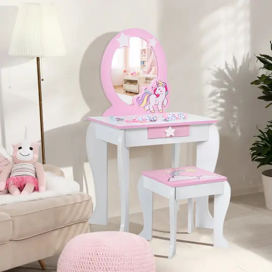 Costway Kids Vanity Makeup Dressing Table Chair Set Wooden W/ Mirror Drawer {1}