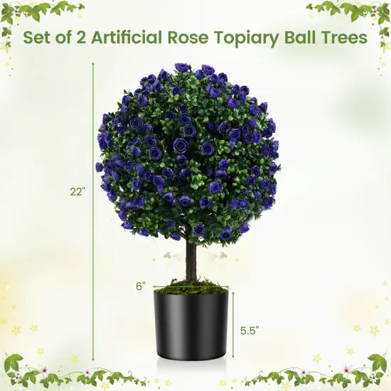 Costway Set of 2 Artificial Purple Rose Topiary Ball Trees 22" Faux Boxwood Ball Tree {3}
