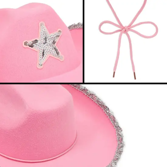 4-Pack Pink Cowboy Hats for Girls and Women - Felt Cowgirl Hats with Western Star for Costume, Dress Up Party, Birthday (One Size Fits All) {7}