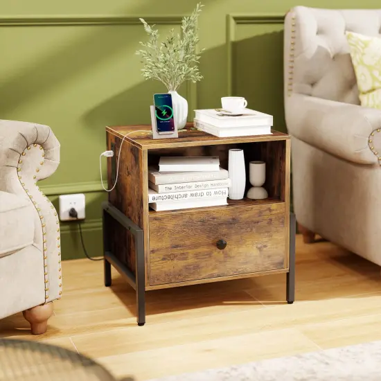 Costway Set of 1/2 Nightstand with Charging Station Bedside Table with Storage Shelf Side Table {10}