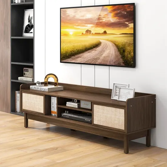 Costway Wooden TV Stand for TVs up to 65" with Storage Adjustable Shelf & Sliding Doors Walnut {8}