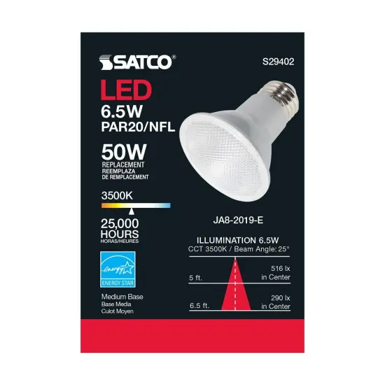 Satco 6.5w PAR20 LED 25 deg. Beam E26 Medium base 3500k Neutral White {5}