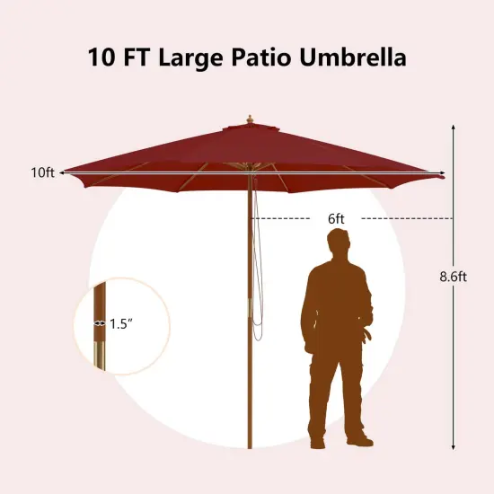 Costway 10FT Patio Wooden Market Table Umbrella Pulley with 8 Bamboo Ribs Sunshade Canopy Coffee/Gray/Navy/Wine/Beige {3}