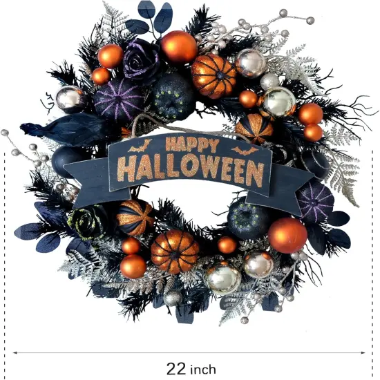 Halloween Glitter Pumpkin Wreath with Balls & Berries, Black Roses {5}