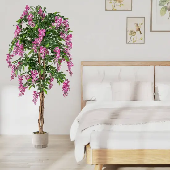 Costway 1/2 PCS 5.5 FT Tall Artificial Ficus Tree Faux Wisteria Plant in Nursery Pot Decoration Pink/Purple {5}