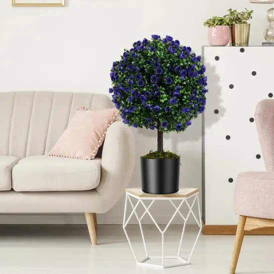 Costway Set of 2 Artificial Purple Rose Topiary Ball Trees 22" Faux Boxwood Ball Tree {2}