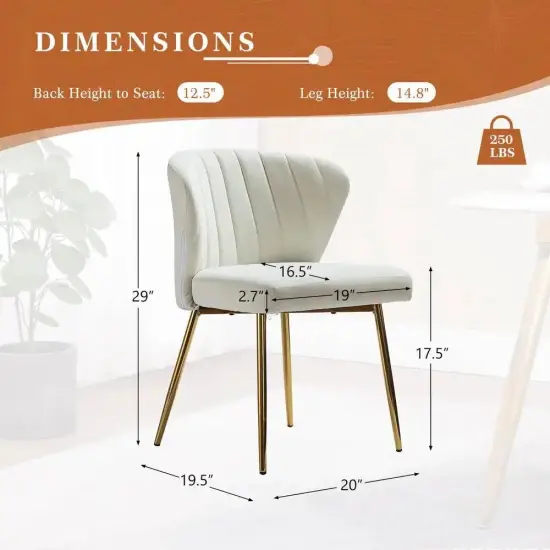 Velvet Upholstered Wingback Armless Side Chair with Gold Metal Legs for Living Room or Dining Ivory {3}